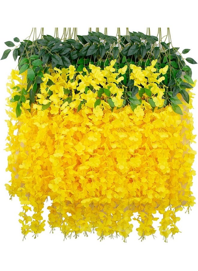 SWADESI STUFF 12 Pack (43.2 FT) Artificial Wisteria Vine Ratta Fake Wisteria Hanging Garland Silk Long Hanging Bush Flowers String Home Party Wedding Decor (White) (Yellow)