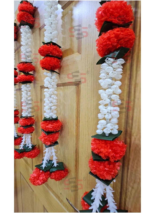 S2S Artificial Marigold Jasmine,Mogra Flower,Green Leaves Tassles Garlands Ladi Strings for Decoration of Home,Balcony,Wall Hangings,Hall | Pack of 5 | (Height- 30 Inch) (MOGRA RED Flowers)