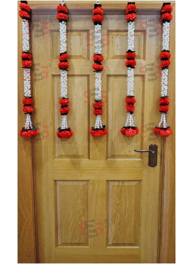 S2S Artificial Marigold Jasmine,Mogra Flower,Green Leaves Tassles Garlands Ladi Strings for Decoration of Home,Balcony,Wall Hangings,Hall | Pack of 5 | (Height- 30 Inch) (MOGRA RED Flowers)