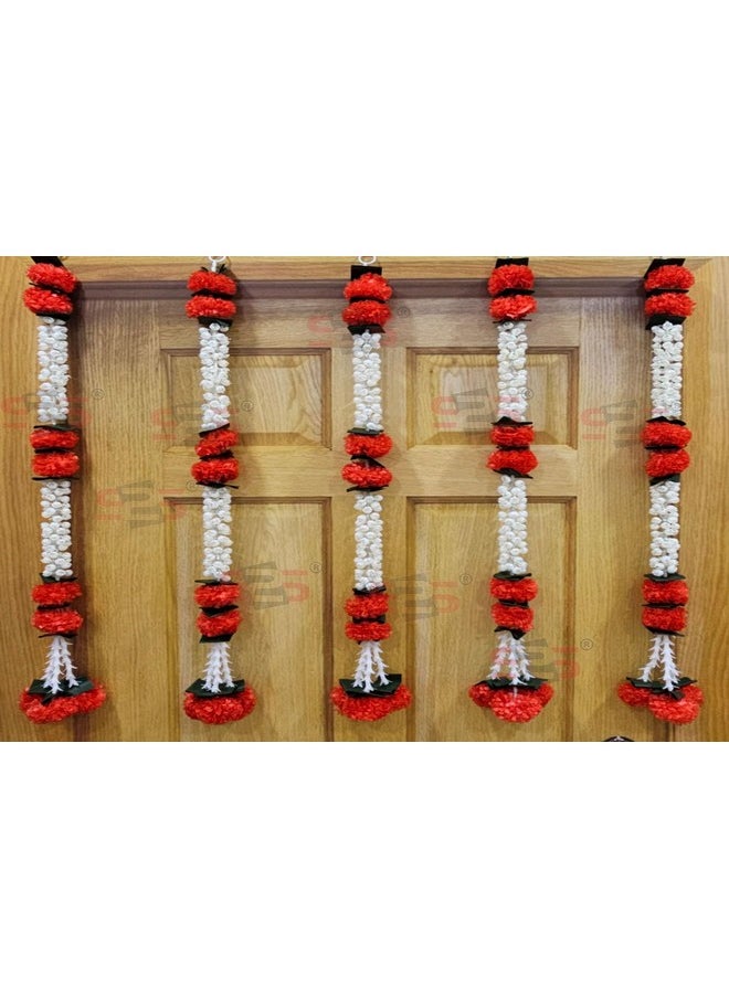 S2S Artificial Marigold Jasmine,Mogra Flower,Green Leaves Tassles Garlands Ladi Strings for Decoration of Home,Balcony,Wall Hangings,Hall | Pack of 5 | (Height- 30 Inch) (MOGRA RED Flowers)
