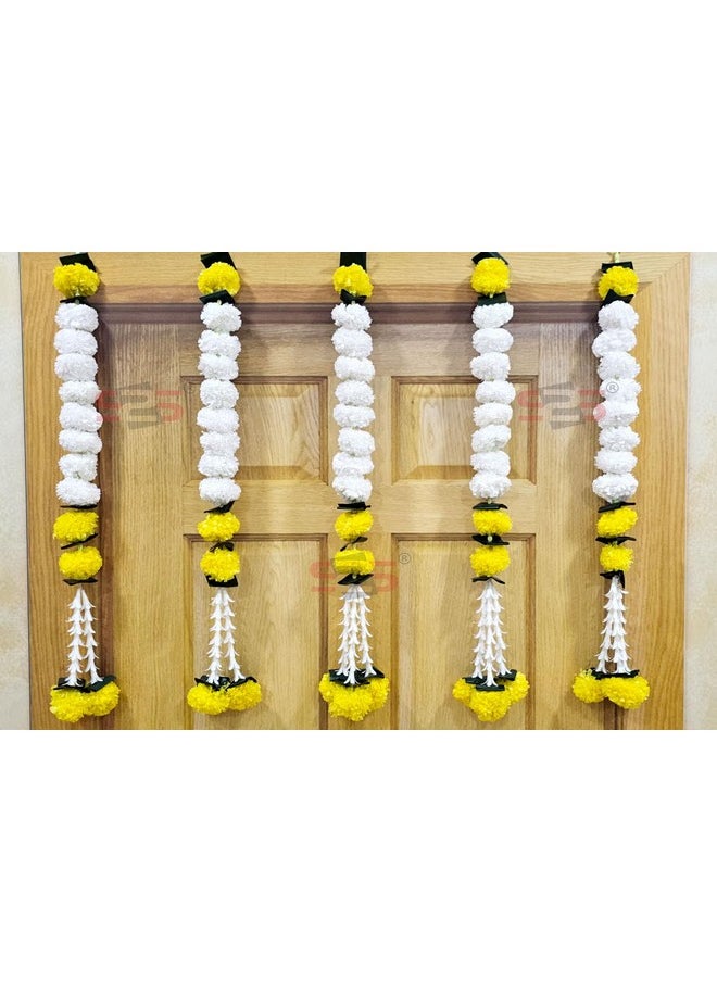 S2S Artificial Marigold Jasmine,Mogra Flower,Green Leaves Tassles Garlands Ladi Strings for Decoration of Home,Balcony,Wall Hangings,Hall|Pack of 5| (Yellow White Marigold) (Height- 24 Inch)