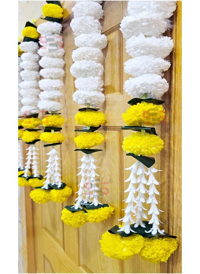 S2S Artificial Marigold Jasmine,Mogra Flower,Green Leaves Tassles Garlands Ladi Strings for Decoration of Home,Balcony,Wall Hangings,Hall|Pack of 5| (Yellow White Marigold) (Height- 24 Inch)