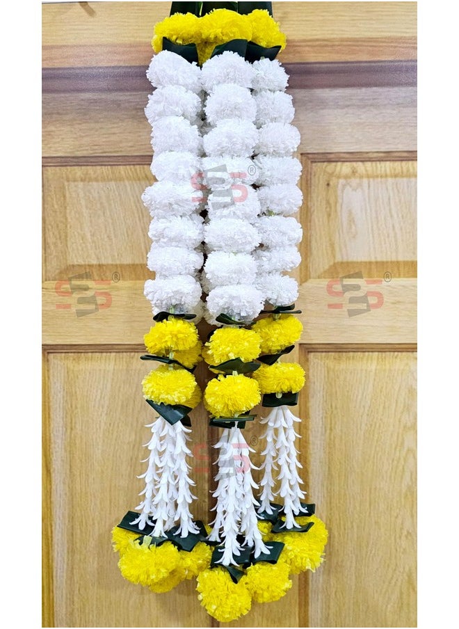 S2S Artificial Marigold Jasmine,Mogra Flower,Green Leaves Tassles Garlands Ladi Strings for Decoration of Home,Balcony,Wall Hangings,Hall|Pack of 5| (Yellow White Marigold) (Height- 24 Inch)