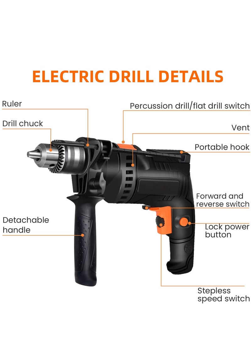 Electric Drill Set, Corded Electric Hammer Percussion Drill, Variable Speed Screwdriver Drill Drivers with 24 Pieces Accessories Bit, Storage Case Included for Drilling Metal, Concrete & Wood