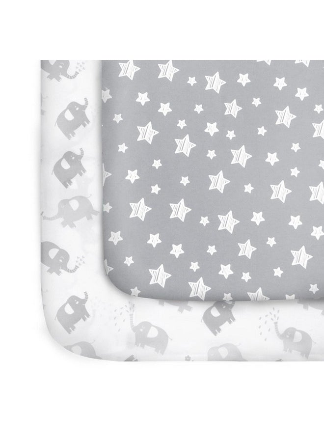 Pack and Play Sheets 2 Pack, Stretchy Pack n Play Playard Fitted Sheet, Compatible with Graco Pack n Play, Soft and Breathable Material, Stars & Elephant