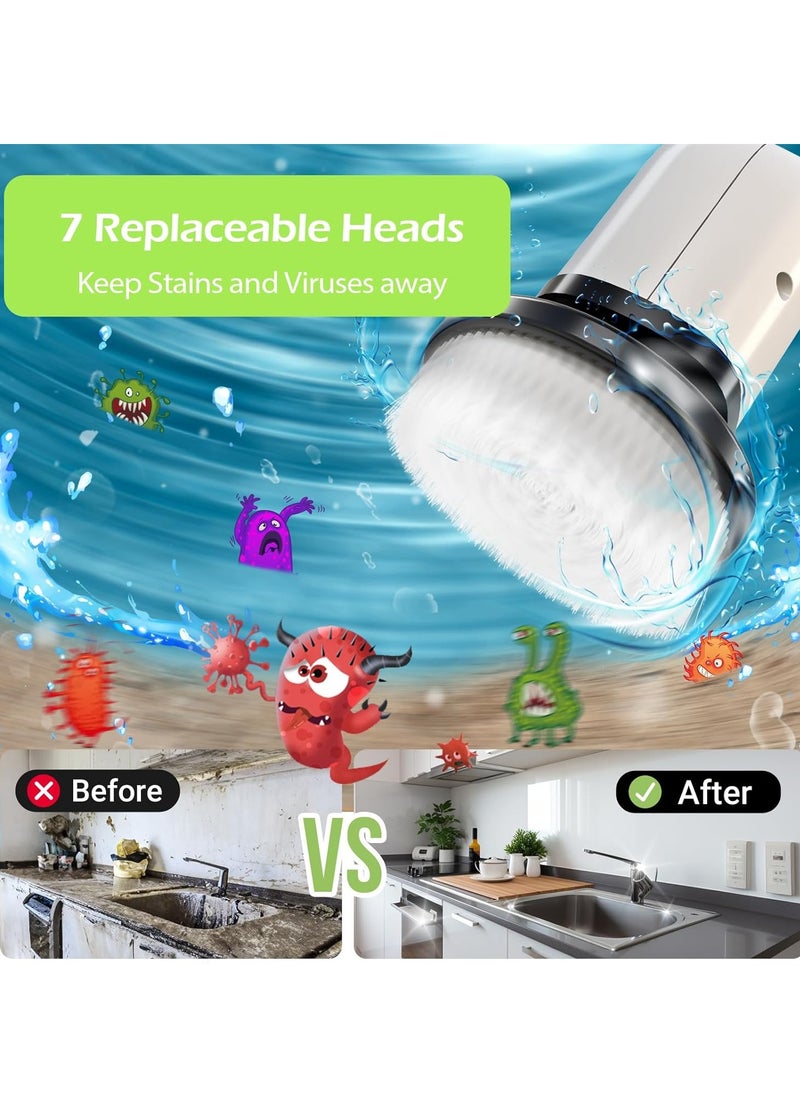 Electric Spin Scrubber, Cordless Bathroom Tub Scrubber with Long Handle & 7 Replaceable Cleaning Heads, Extension as Short Handle, Portable Power Shower Brush for Tile Floor, Household Cleaning Tool