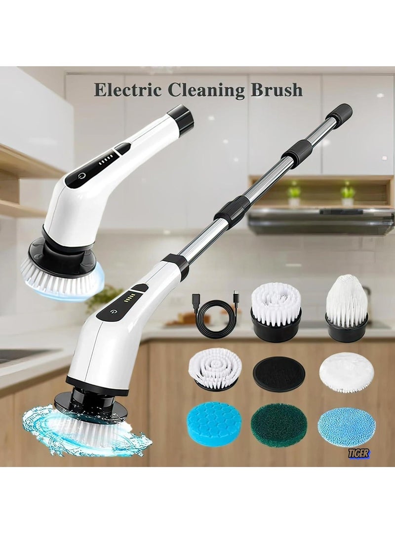 Electric Spin Scrubber – 8 Replaceable Heads, Adjustable Extension, Heavy Duty Motor for Cleaning Car, Tiles, Bathroom, Kitchen & More, Automatic Rotating Cleaning Tool for Deep Clean