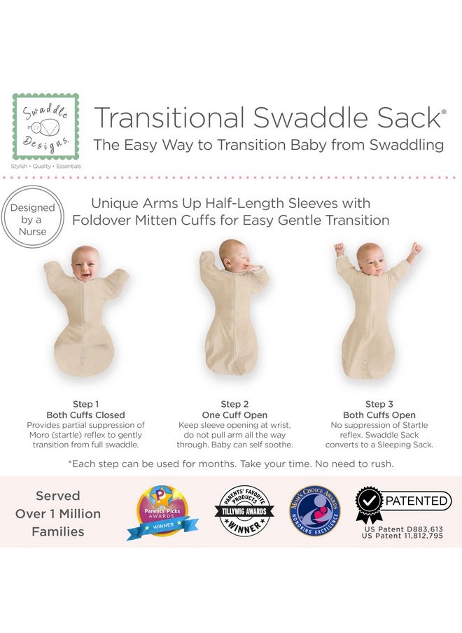 SwaddleDesigns Transitional Swaddle Sack with Arms Up Half-Length Sleeves and Mitten Cuffs, Medium, 3-6 Months, 14-21 lb, Heathered Oatmeal (Arms Up Swaddle, Transition Swaddle Sleep Sack)