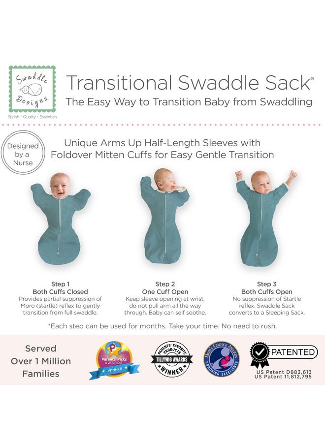 SwaddleDesigns Transitional Swaddle Sack with Arms Up Half-Length Sleeves and Mitten Cuffs, Heathered Teal with Polka Dot Trim, Medium, 3-6 Mo, 14-21 lbs (Better Sleep, Easy Swaddle Transition)