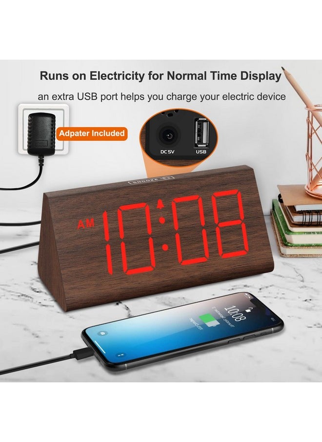 DreamSky Wooden Digital Alarm Clocks for Bedrooms - Electric Desk Clock with Large Numbers, USB Port, Battery Backup Alarm, Adjustable Volume, Dimmer, Snooze, DST, 12/24H, Living Room Wood Décor (Red)