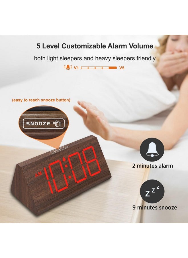 DreamSky Wooden Digital Alarm Clocks for Bedrooms - Electric Desk Clock with Large Numbers, USB Port, Battery Backup Alarm, Adjustable Volume, Dimmer, Snooze, DST, 12/24H, Living Room Wood Décor (Red)