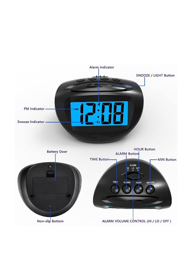 LCD Digital Alarm Clock Battery Operated Only Small, Blue Backlight, Ascending Alarm Volume