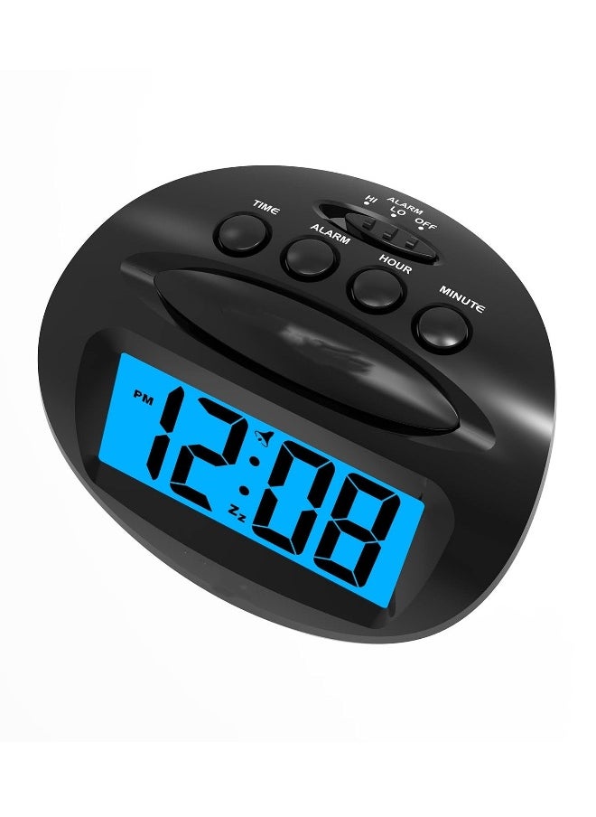 LCD Digital Alarm Clock Battery Operated Only Small, Blue Backlight, Ascending Alarm Volume