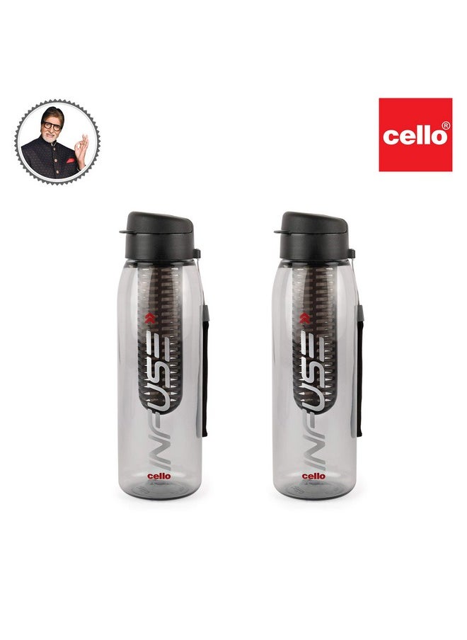 CELLO Infuse Plastic Water Bottle, 800 ml, Black, Set of 2 | Detox Bottle with Infuser Chamber | Leakproof Plastic Bottle with Wide Mouth Opening | Ideal for Gym, Office, Travel
