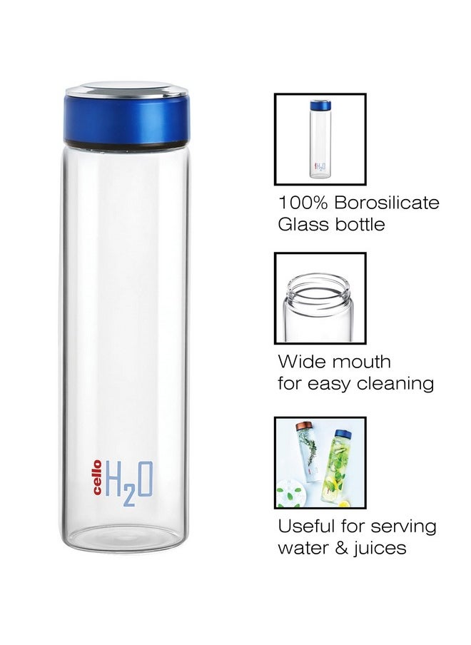 H2O Borosilicate Glass Water Bottle | Glass Fridge Bottle | Wide Mouth For Easy Cleaning | Bottle For Hotel, Travel, Office, College | 600Ml, Blue