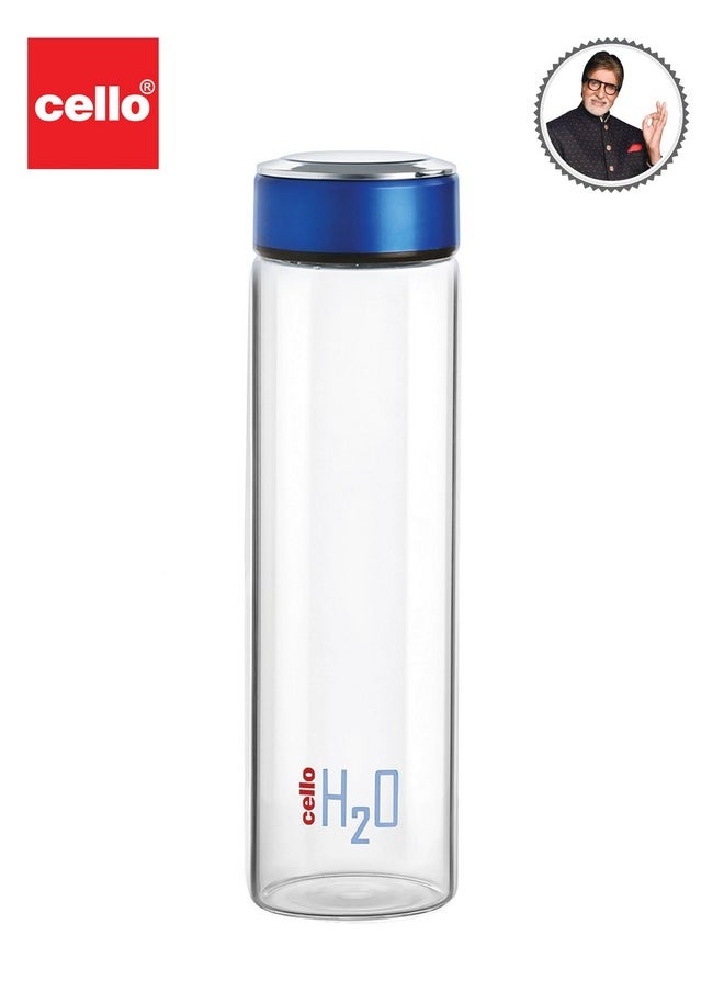 H2O Borosilicate Glass Water Bottle | Glass Fridge Bottle | Wide Mouth For Easy Cleaning | Bottle For Hotel, Travel, Office, College | 600Ml, Blue