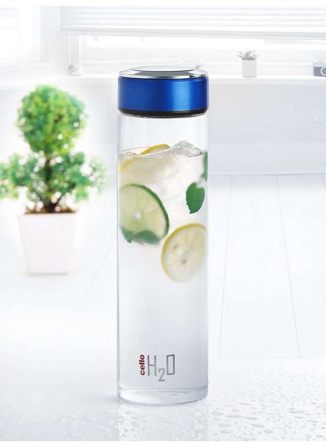 H2O Borosilicate Glass Water Bottle | Glass Fridge Bottle | Wide Mouth For Easy Cleaning | Bottle For Hotel, Travel, Office, College | 600Ml, Blue