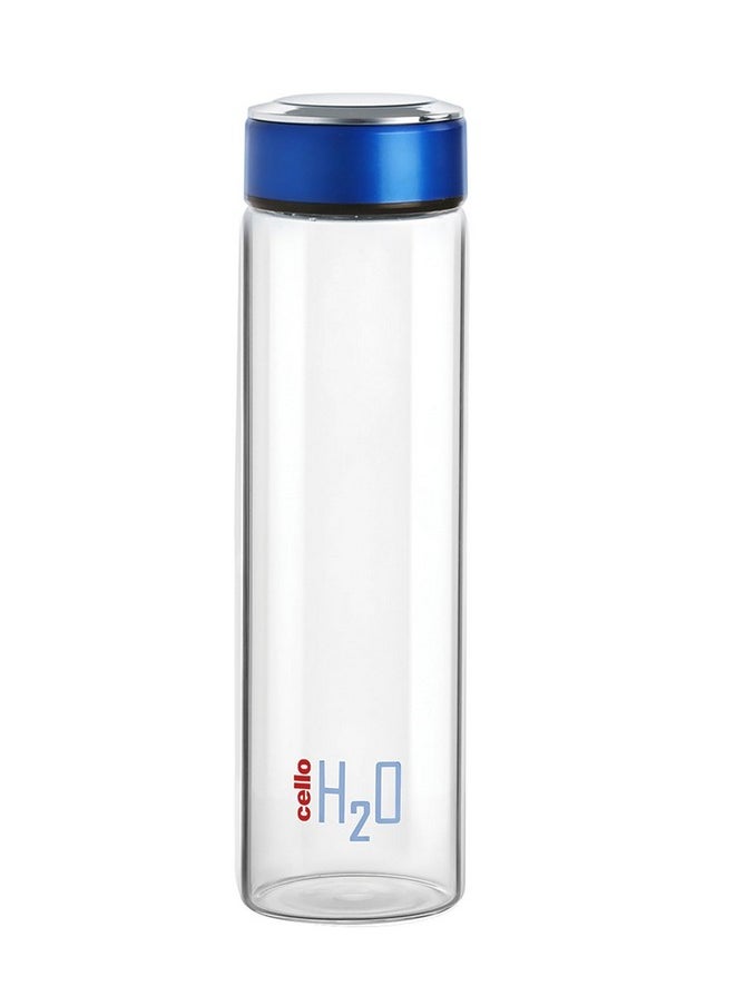 H2O Borosilicate Glass Water Bottle | Glass Fridge Bottle | Wide Mouth For Easy Cleaning | Bottle For Hotel, Travel, Office, College | 600Ml, Blue