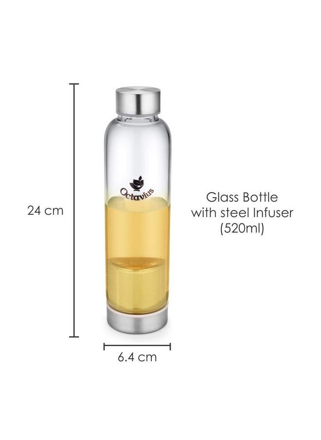 | Borosilicate Glass Bottle | Green Tea Bottle With Infuser - 520 Ml | Glass Infuser Water Bottle | Fruit Infuser Water Bottle | Tea Filter Strainer (520 Ml)