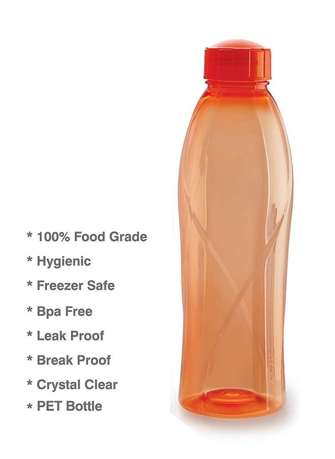 CELLO Texas PET Bottle | Leak proof and Break proof | Perfect for School, College, Work, and Outdoor adventures Water Bottle | 1 Litre, Set of 6 | Orange