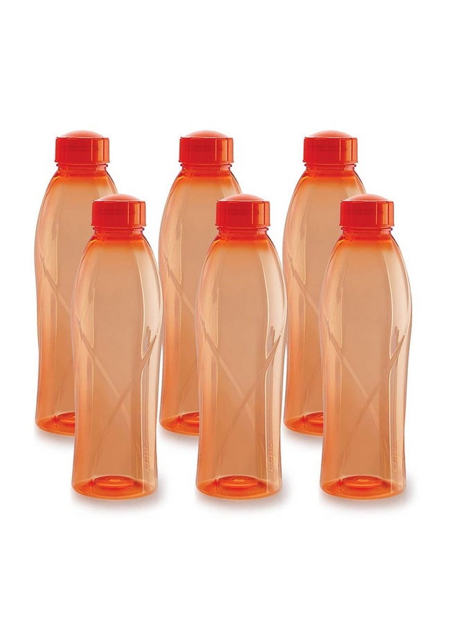 CELLO Texas PET Bottle | Leak proof and Break proof | Perfect for School, College, Work, and Outdoor adventures Water Bottle | 1 Litre, Set of 6 | Orange