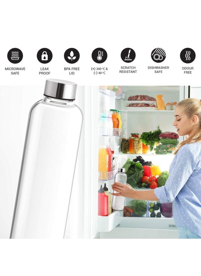 By Milton Clarion Borosilicate Glass Fridge Water Bottle With Leak-Proof Airtight Stainless Steel Lid, 760 Ml, Transparent For Hotel, Travel, Office, Home