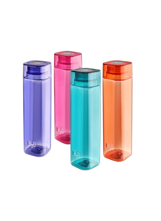 H2O Squaremate Plastic Water Bottle | Lid Is Sealed By A Silicone Ring | Leak Proof & Break-Proof |Best Usage For Office/School/College/Gym/Picnic/Home/Fridge | 1 Liter | Assorted, Set Of 4