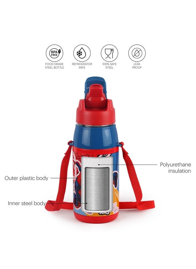 CELLO Puro Steel-X Hydra Kid 400 Water Bottle | PU Insulation | School Bottle | Picnic Bottle | Cold Insulation | Leak Proof | Kids Bottle | Easy to Carry | Spiderman Print | 400ml | Red