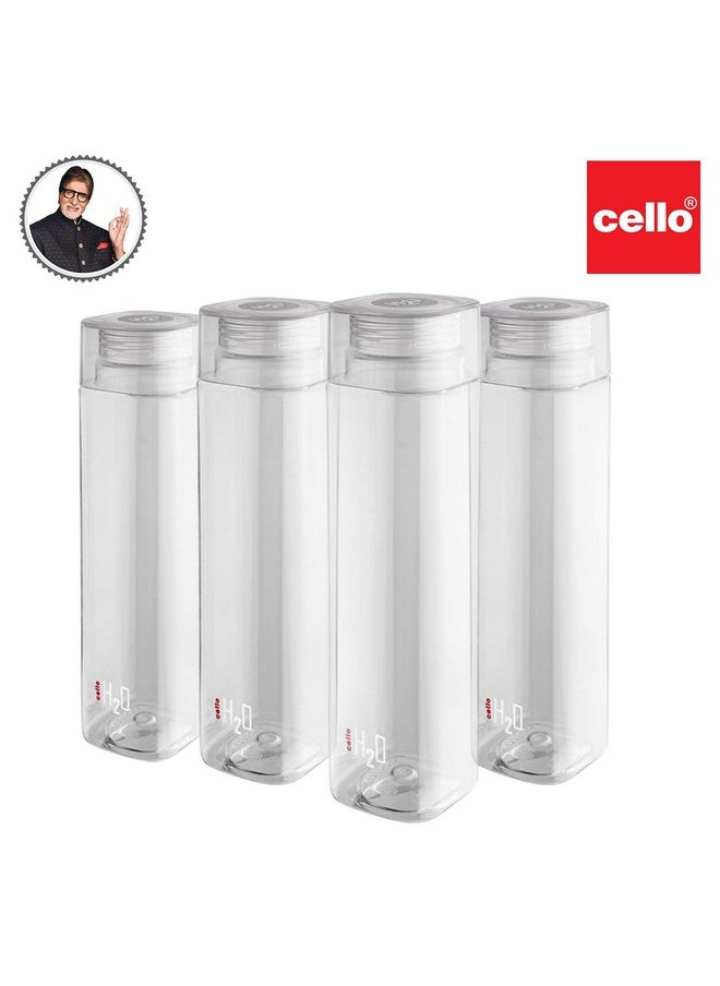 H2O Squaremate Plastic Water Bottle | Lid Is Sealed By A Silicone Ring | Leak Proof & Break-Proof |Best Usage For Office/School/College/Gym/Picnic/Home/Fridge | 1 Liter | Clear, Set Of 4