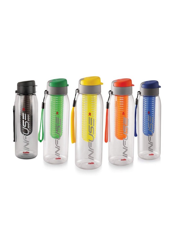 CELLO Infuse Plastic Water Bottle | Detox Bottle with Infuser Chamber | Leakproof Plastic Bottle with Wide Mouth Opening | Ideal for Gym, Office, Travel | Set of 5, 800ml, Assorted