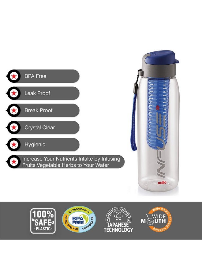 CELLO Infuse Plastic Water Bottle | Detox Bottle with Infuser Chamber | Leakproof Plastic Bottle with Wide Mouth Opening | Ideal for Gym, Office, Travel | Set of 5, 800ml, Assorted