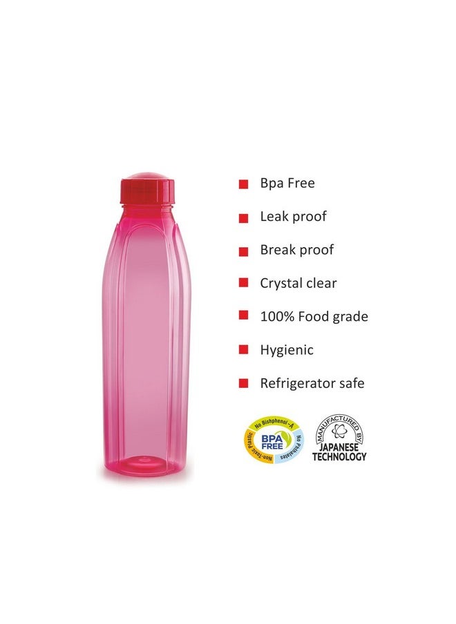 CELLO Crystal PET Bottle | Leak proof and Break proof | Perfect for staying hydrated at the school,college, work, gym and outdoor adventures Water Bottle | 1000ml X 6 | Pink