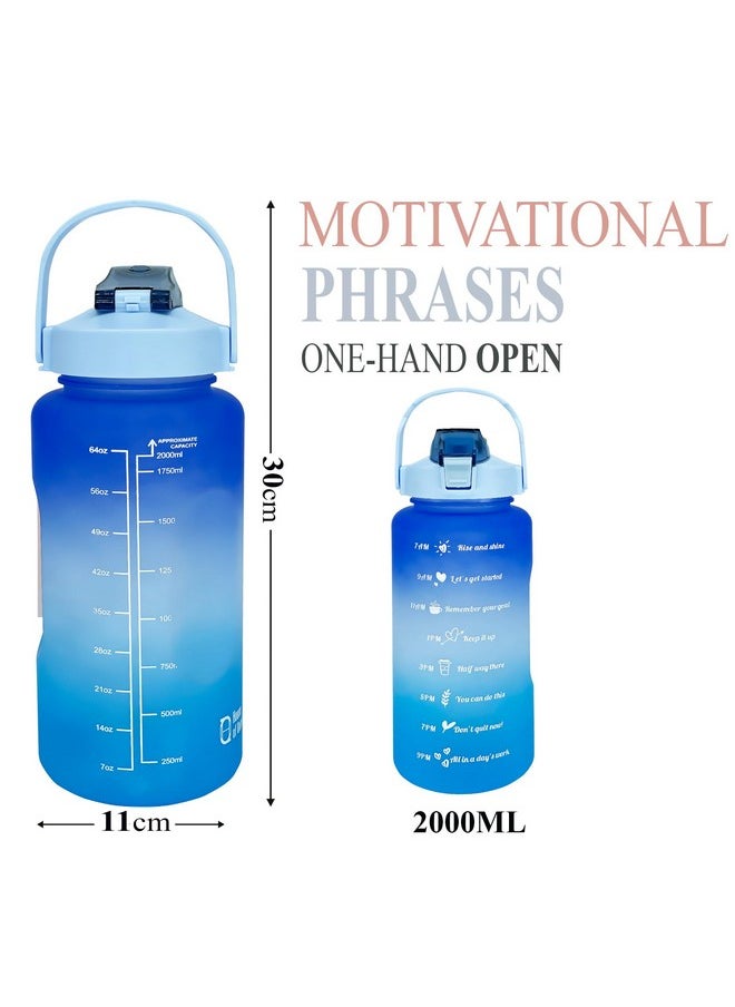 Of Quirk Plastic 2 Litre 3D Sticker Water Bottle With Straw, Unbreakable Sports Water Bottles With Handle, Leak Proof - Dark Blue/Whte/Light Blue