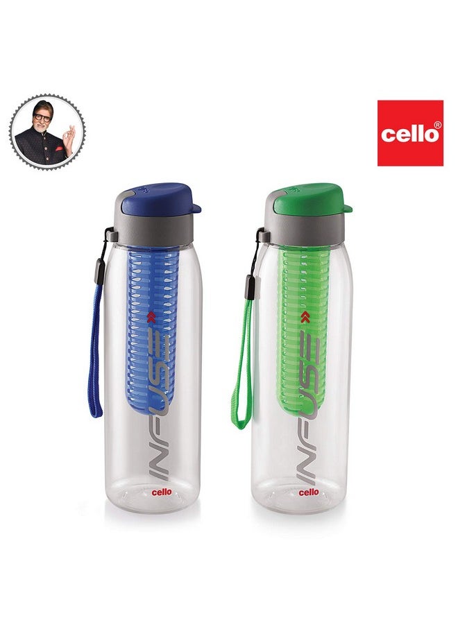 CELLO Infuse Plastic(PET) Water Bottle with Infuser, 800ml, Set of 2, Assorted