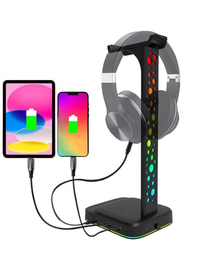 RGB Headphone Stand with 9 Light Modes, Upgraded 5 in 1 Headphone Holder with Type-c Input/3.5mm AUX/USB Output Ports, Gaming Headset Stand with Non-Slip for Earphones Accessories Gamer Gifts