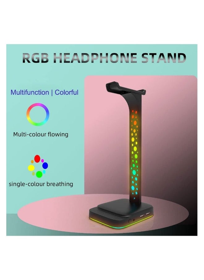 RGB Headphone Stand with 9 Light Modes, Upgraded 5 in 1 Headphone Holder with Type-c Input/3.5mm AUX/USB Output Ports, Gaming Headset Stand with Non-Slip for Earphones Accessories Gamer Gifts