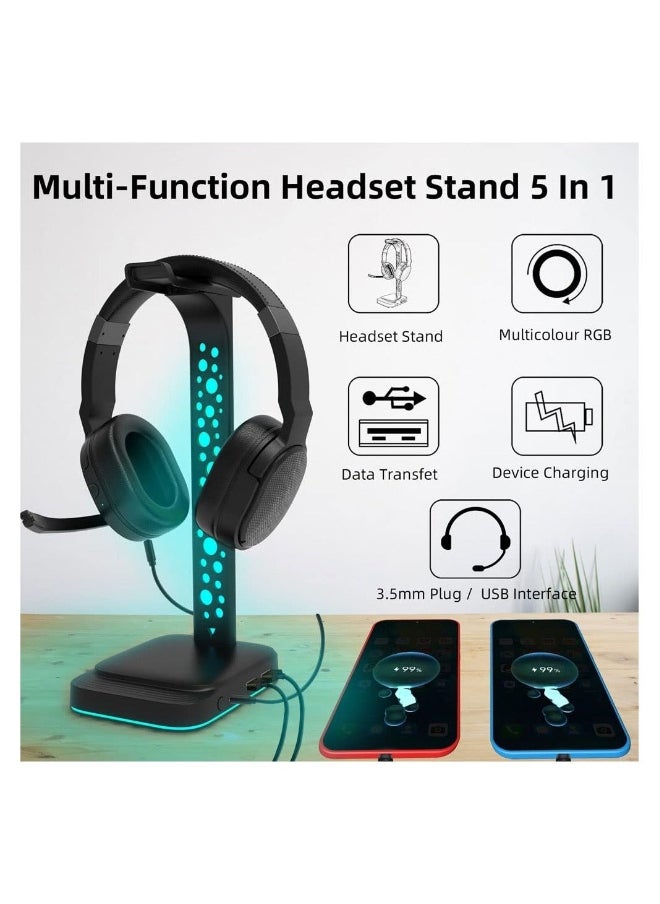 RGB Headphone Stand with 9 Light Modes, Upgraded 5 in 1 Headphone Holder with Type-c Input/3.5mm AUX/USB Output Ports, Gaming Headset Stand with Non-Slip for Earphones Accessories Gamer Gifts