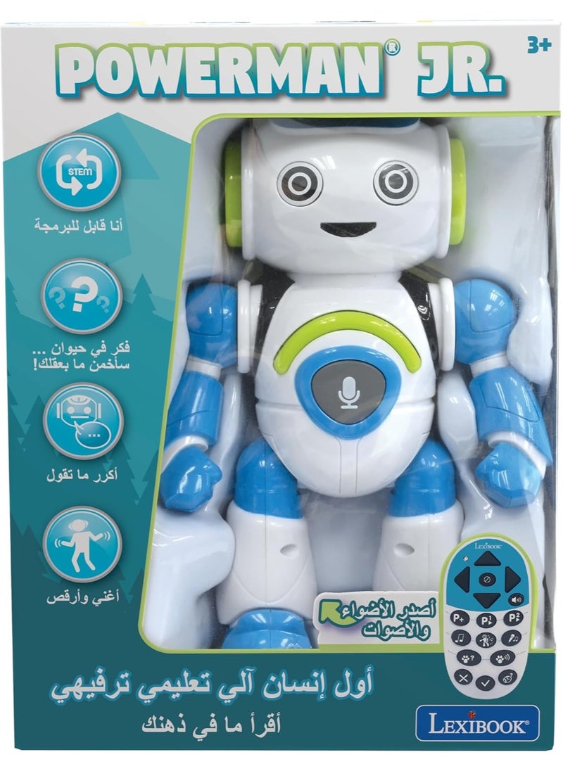 LEXIBOOK Powerman Jr. Smart Interactive Reads (Language Arabic) in The Mind Toy for Kids Dancing Plays Music Animal Quiz STEM Programmable Remote Control Boy Robot Junior