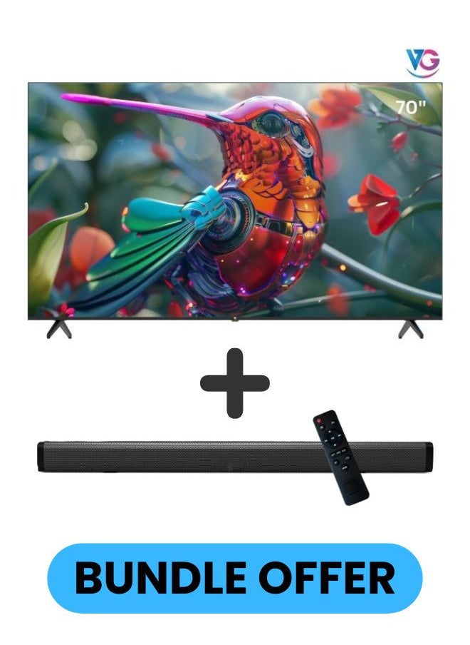 70 Inch Edgeless 4K UHD VIDAA Smart TV with Voice Remote, Bluetooth, Wall Mount Paired with 2.0 Channel 30W Soundbar, Bluetooth, USB, FM Radio - VGLED70VDU+SOUNDBAR