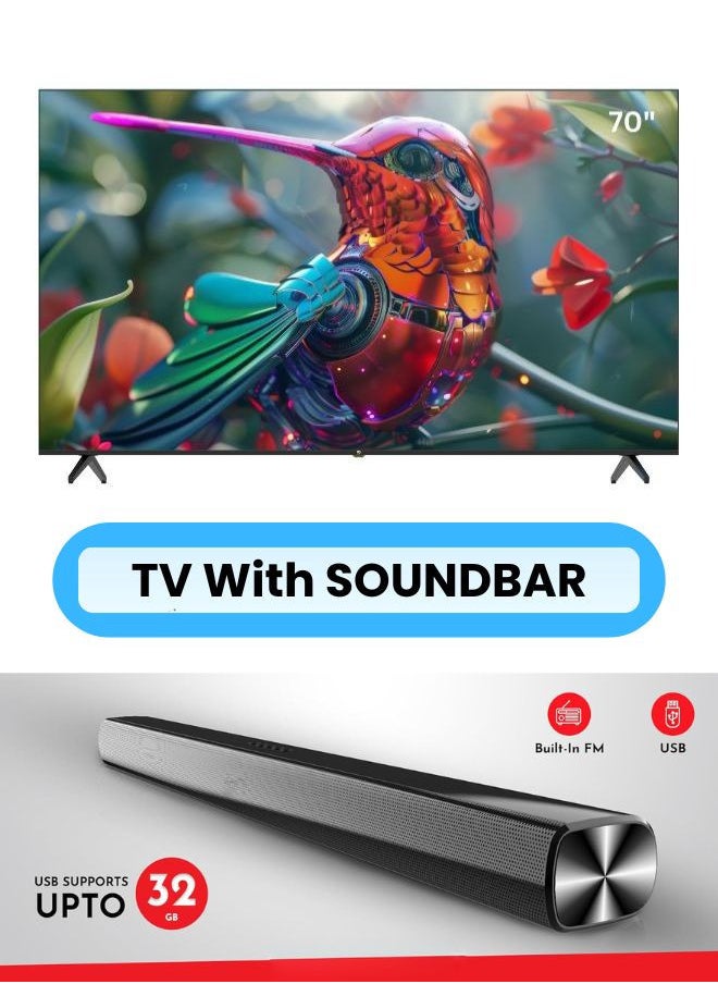 70 Inch Edgeless 4K UHD VIDAA Smart TV with Voice Remote, Bluetooth, Wall Mount Paired with 2.0 Channel 30W Soundbar, Bluetooth, USB, FM Radio - VGLED70VDU+SOUNDBAR