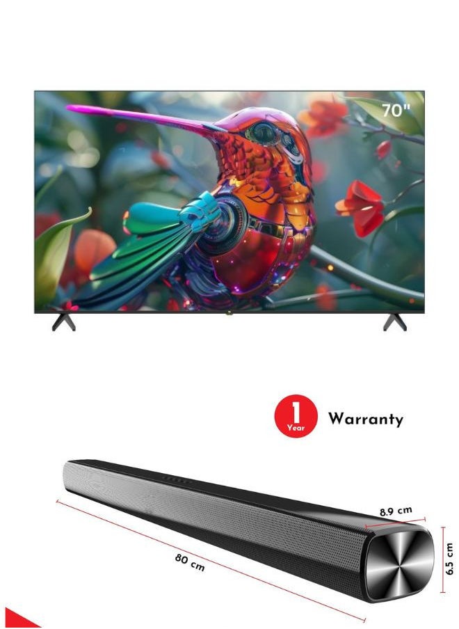 70 Inch Edgeless 4K UHD VIDAA Smart TV with Voice Remote, Bluetooth, Wall Mount Paired with 2.0 Channel 30W Soundbar, Bluetooth, USB, FM Radio - VGLED70VDU+SOUNDBAR