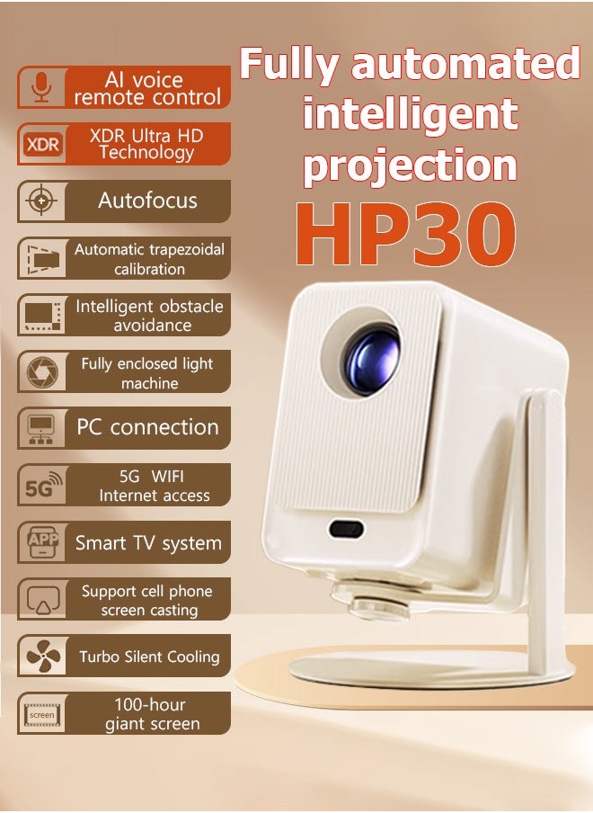 Korean brand HD home projector HP30, 13000 lumens, LED light source, 4K 1080P full HD, horizontal keystone correction, auto LED projector, dual-band Wi-Fi, and Bluetooth voice control.