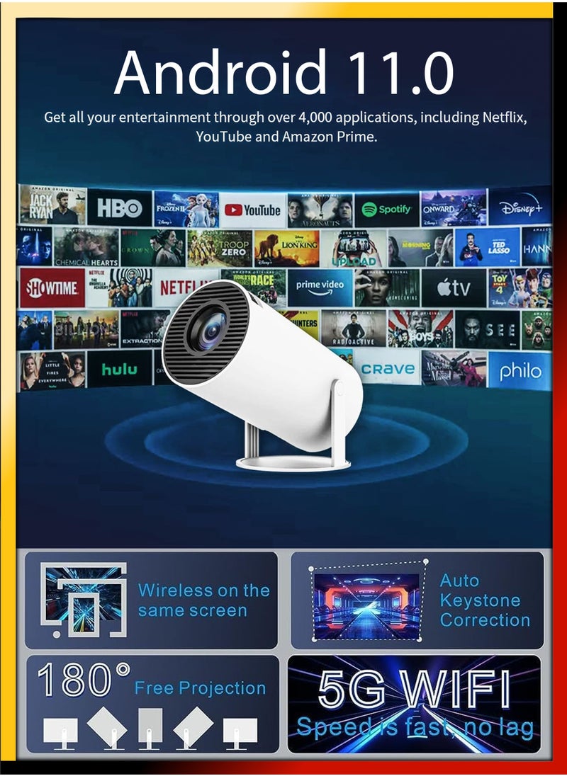 120ANSI Lumens HD Smart Projector – Android 11, Portable Mini Cinema with 130 Inches Screen Display, 4K Support, 180° Rotating Screen, Home Movie Theater, Gaming, Video Presentations, Mobile Phone Projection