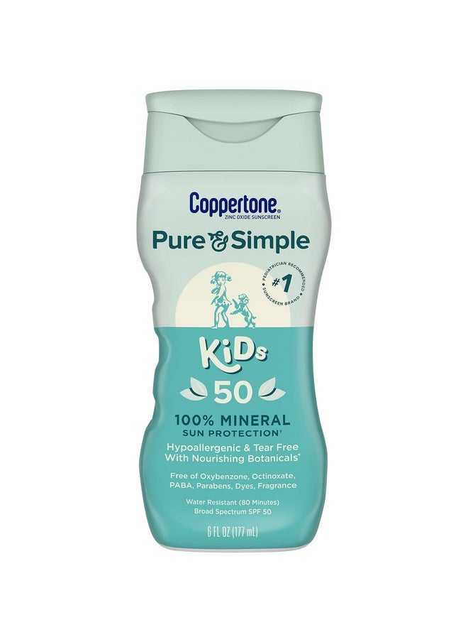 Pure And Simple Kids Sunscreen Lotion Spf 50, Zinc Oxide Mineral Sunscreen For Kids, Tear Free, Water Resistant, Broad Spectrum Sunscreen Spf 50, 6 Fl Oz Bottle