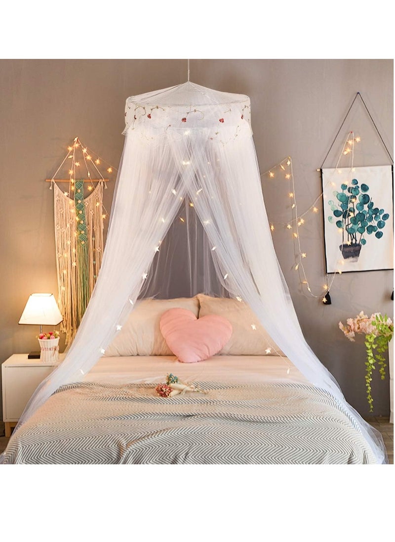 Jeteventy Bed Canopy for Girls, Princess Bed Curtain Net for Single to King Size,Bedroom Decoration of Round Lace Dome with Stainless Steel Hook,Quick Easy Installation (White)