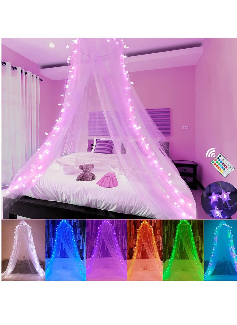 Obrecis Bed Canopy with LED Star Lights, Princess Canopy Bed Curtain with 18 Colors Changing String Lights Remote Timer for Girls Bedroom, Pink Red Blue White Dome Canopy for Twin to King Size Bed