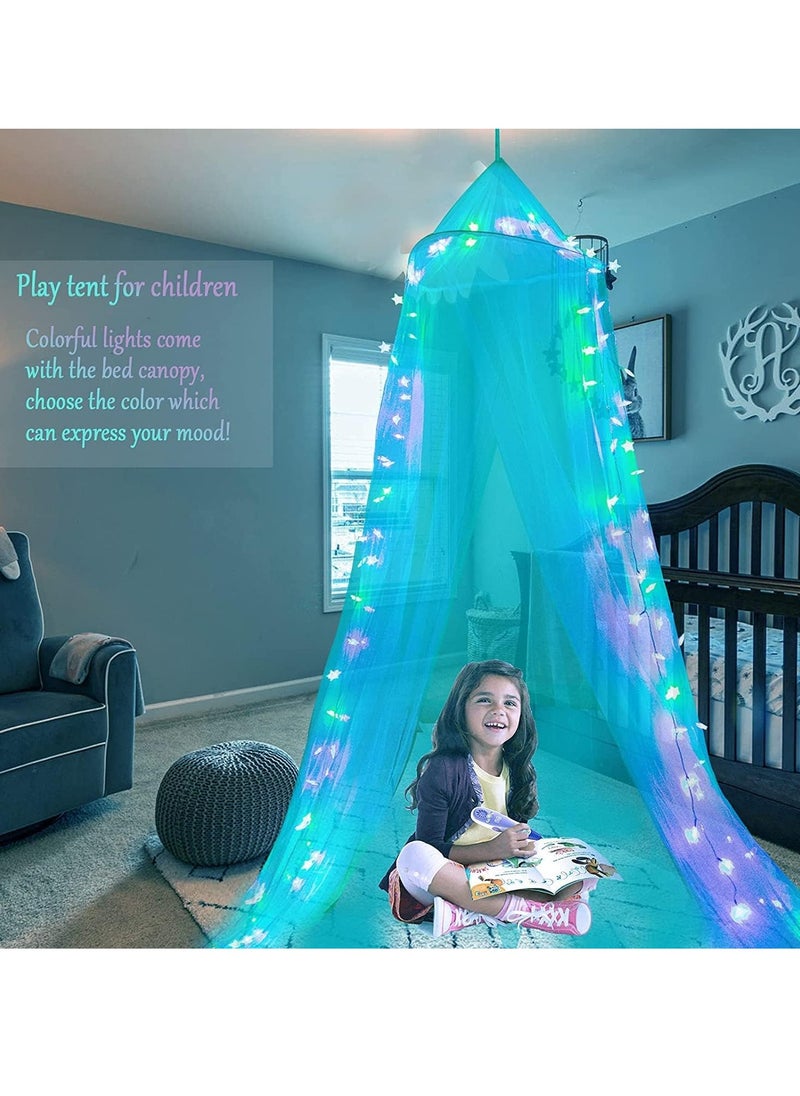 Obrecis Bed Canopy with LED Star Lights, Princess Canopy Bed Curtain with 18 Colors Changing String Lights Remote Timer for Girls Bedroom, Pink Red Blue White Dome Canopy for Twin to King Size Bed