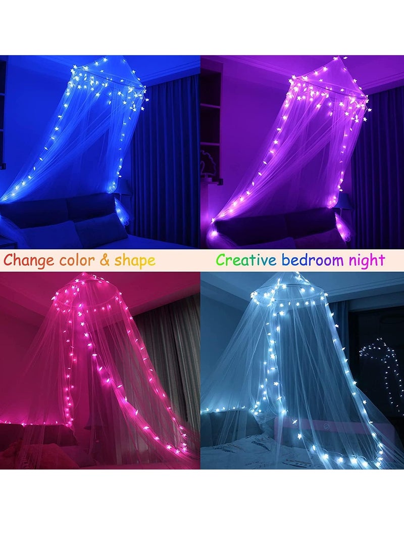 Obrecis Bed Canopy with LED Star Lights, Princess Canopy Bed Curtain with 18 Colors Changing String Lights Remote Timer for Girls Bedroom, Pink Red Blue White Dome Canopy for Twin to King Size Bed