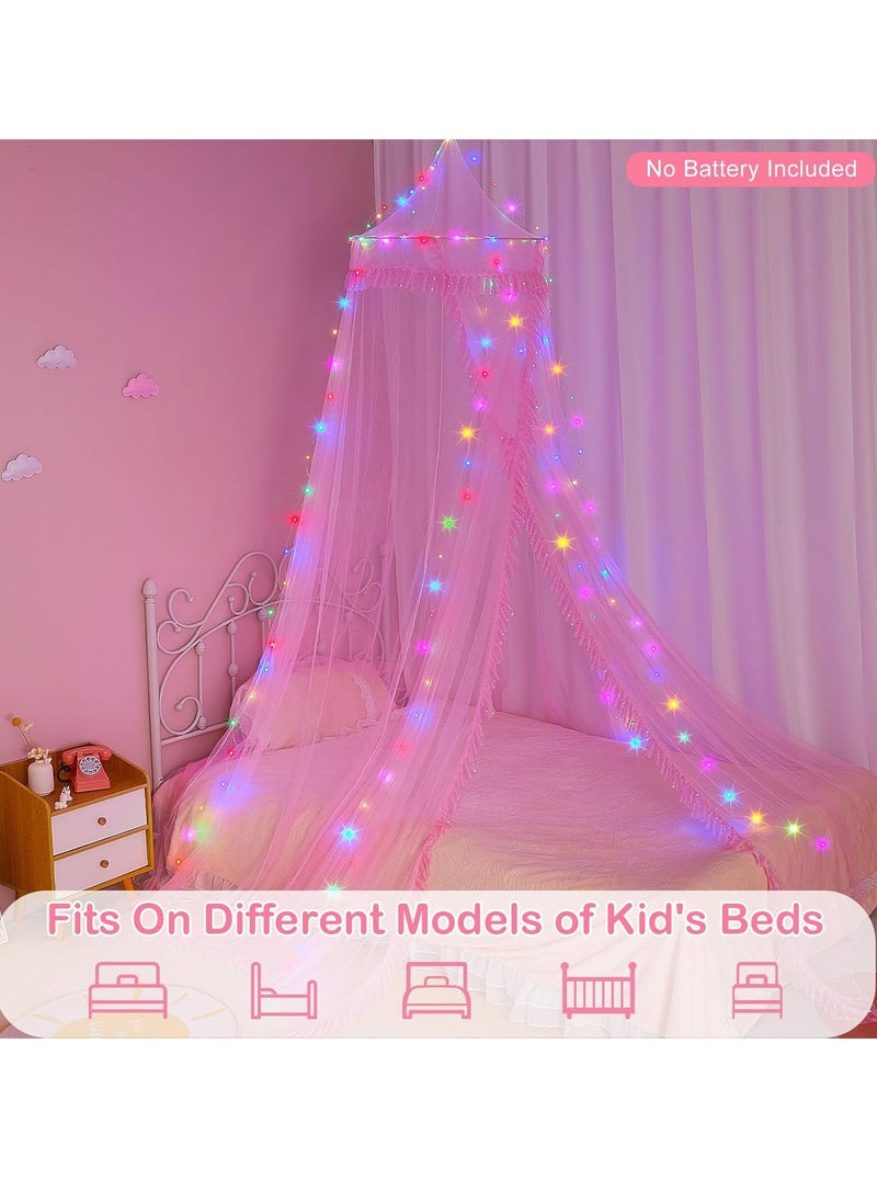 Unicorn Castle Bed Canopy for Girls with Remote Timer Breathable Canopy Bed Curtains with 8 Modes LED Lights Net Canopy for Bed for Girls Room Decor,Pink