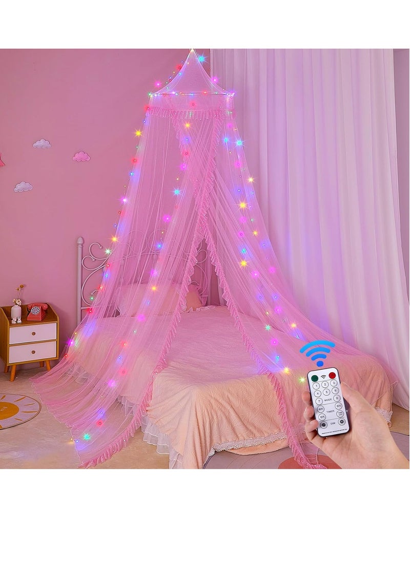 Unicorn Castle Bed Canopy for Girls with Remote Timer Breathable Canopy Bed Curtains with 8 Modes LED Lights Net Canopy for Bed for Girls Room Decor,Pink